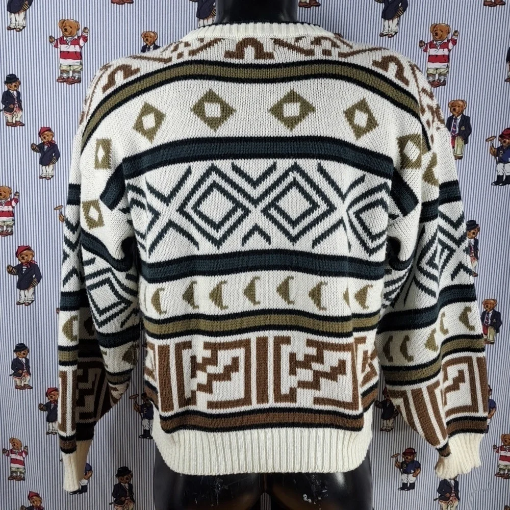 Vintage Gitano geo chunky stripe white & blue casual Med tight knit sweater